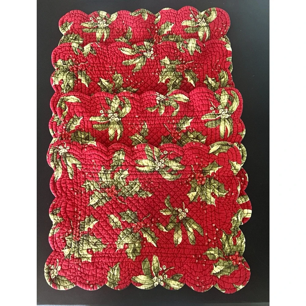 C&F Home Rectangular Quilted Reversible Placemats Holly Red Set of 4 ESTATE SALE